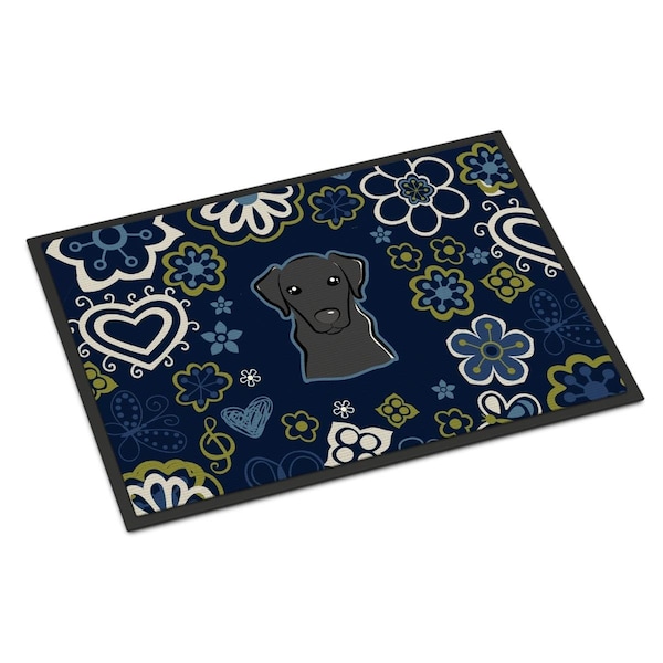 Carolines Treasures 24 x 36 in. Blue Flowers Black Labrador Indoor or Outdoor Mat BB5086JMAT - main